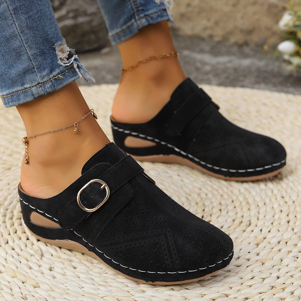 Suede Round Toe Wedge Sandals - Clothes For Her Online Store