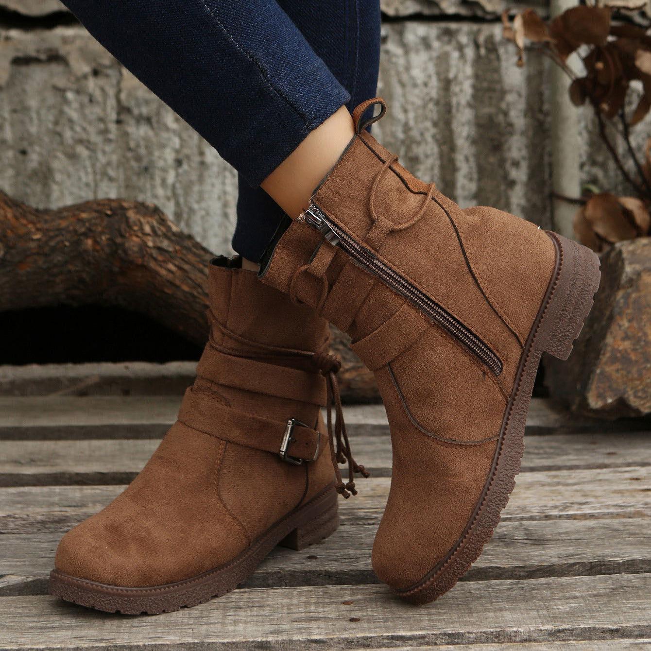 Suede Side Zip Round Toe Boots - Clothes For Her Online Store