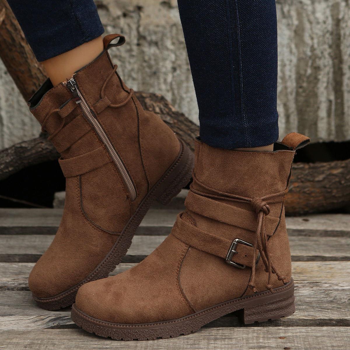 Suede Side Zip Round Toe Boots - Clothes For Her Online Store