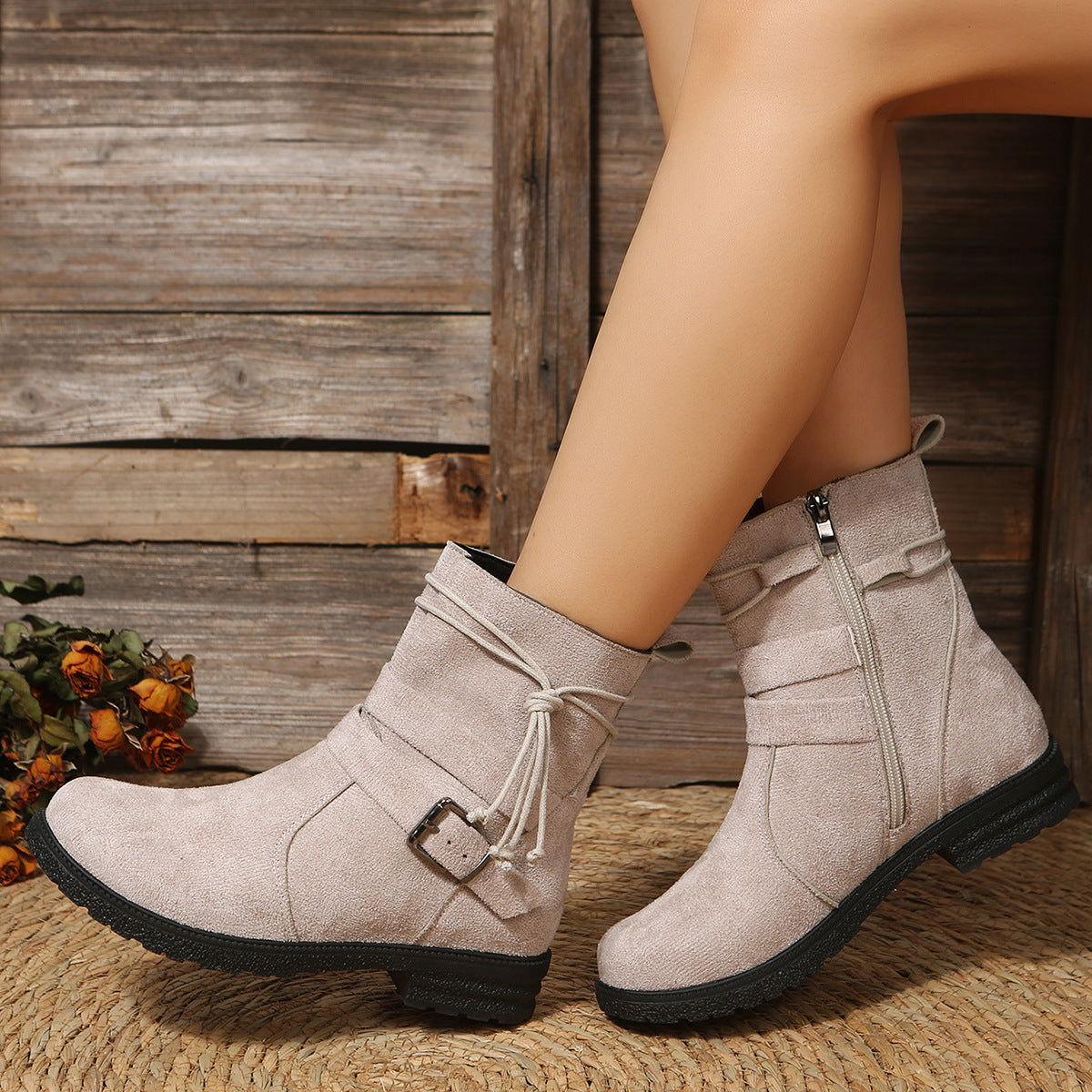 Suede Side Zip Round Toe Boots - Clothes For Her Online Store