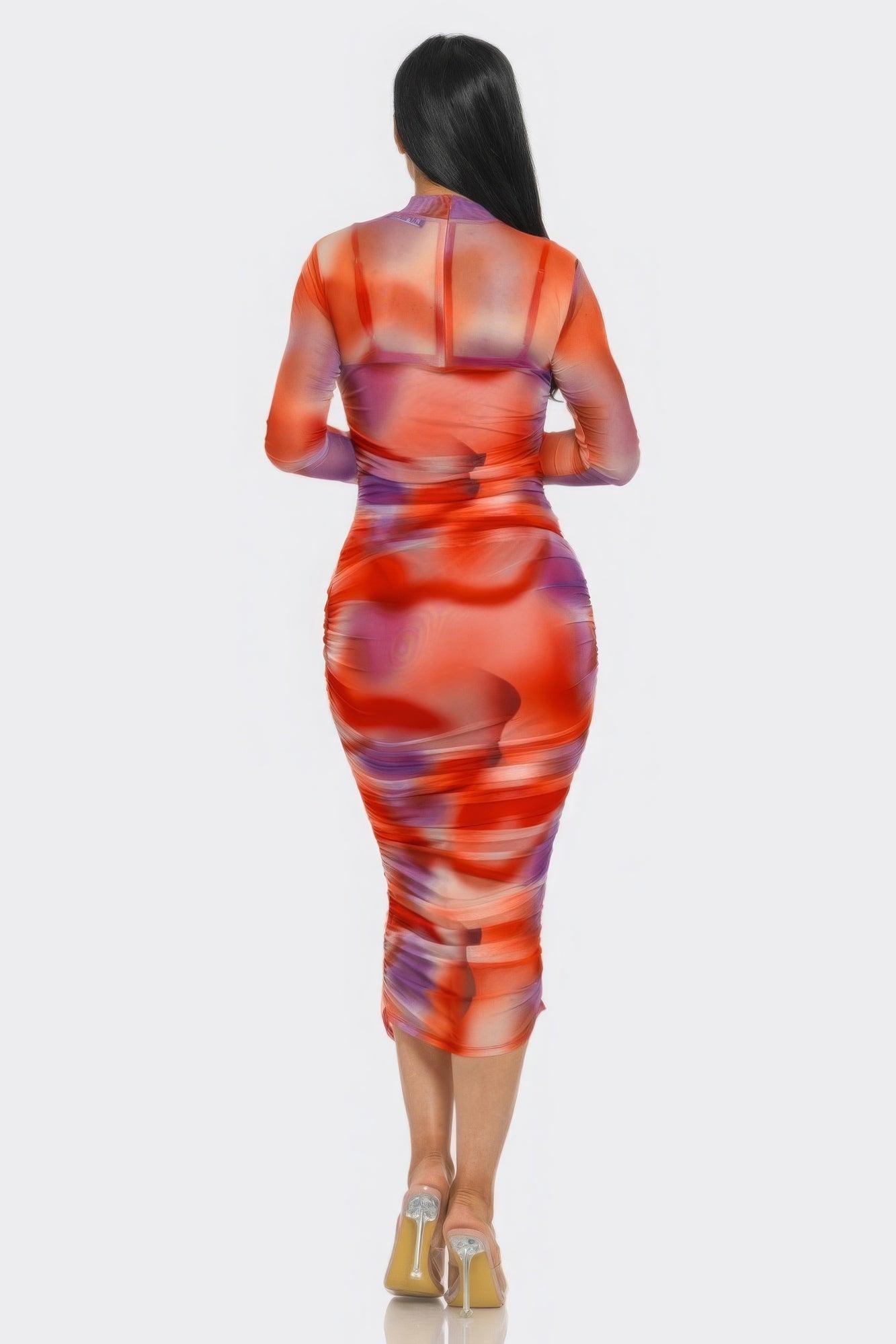 Summer Heat Print Mesh Ruched Midi Dress - Clothes For Her Online Store