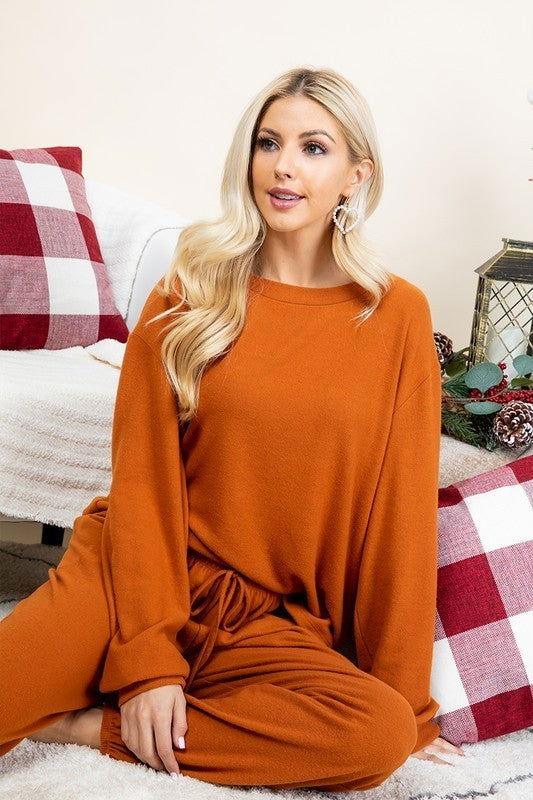 Super Lady Full Size Fuzzy Hacci Brush Round Neck Top and Pants Lounge Set - Clothes For Her Online Store