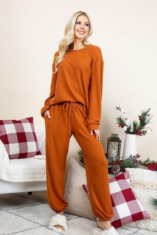 Super Lady Full Size Fuzzy Hacci Brush Round Neck Top and Pants Lounge Set - Clothes For Her Online Store