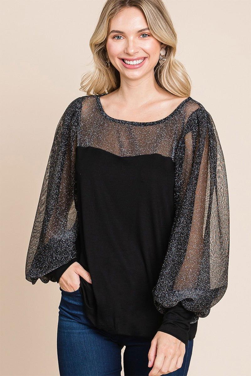 Super Lady Full Size Metallic Mesh Lantern Sleeve Blouse - Clothes For Her Online Store