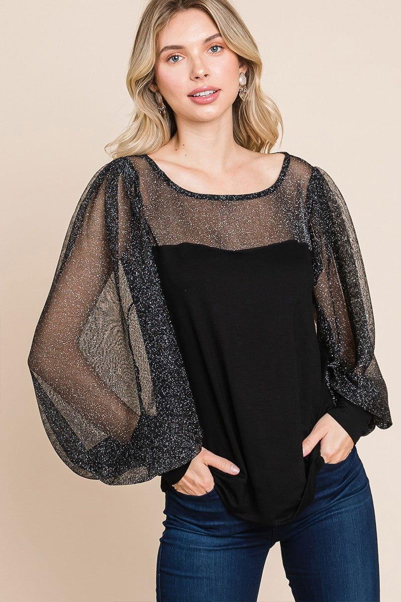 Super Lady Full Size Metallic Mesh Lantern Sleeve Blouse - Clothes For Her Online Store