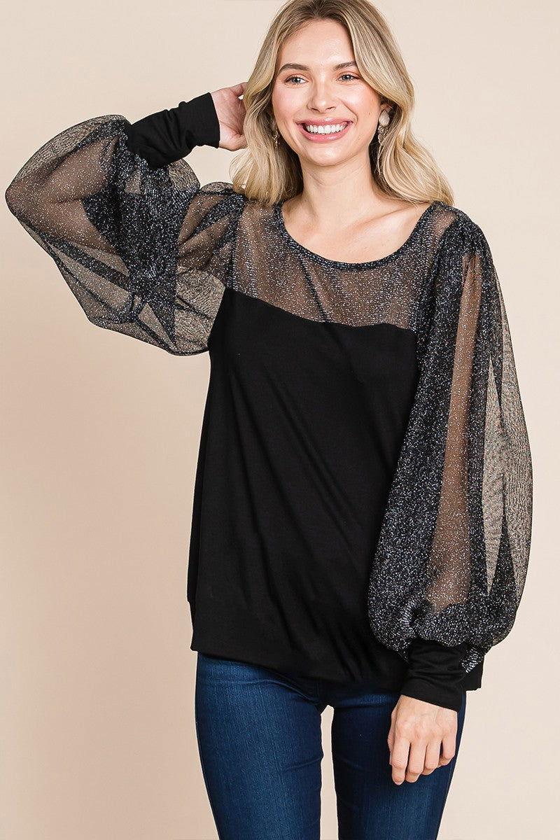 Super Lady Full Size Metallic Mesh Lantern Sleeve Blouse - Clothes For Her Online Store