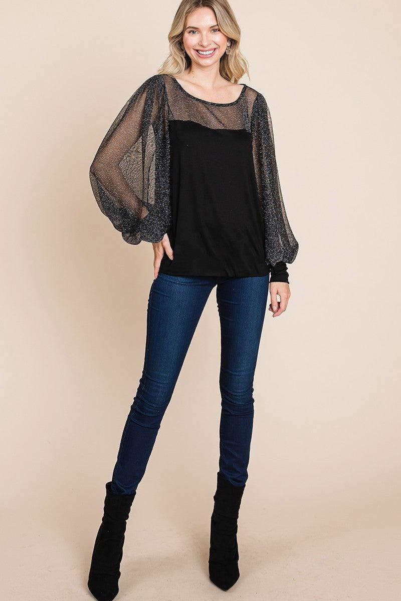 Super Lady Full Size Metallic Mesh Lantern Sleeve Blouse - Clothes For Her Online Store