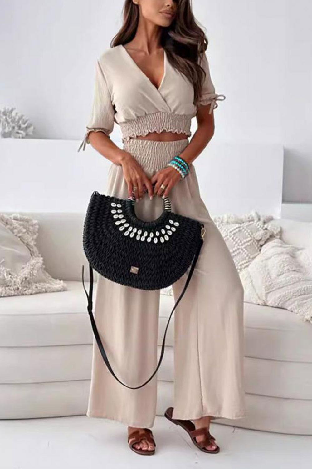 Surplice Short Sleeve Top and Pants Set - Clothes For Her Online Store