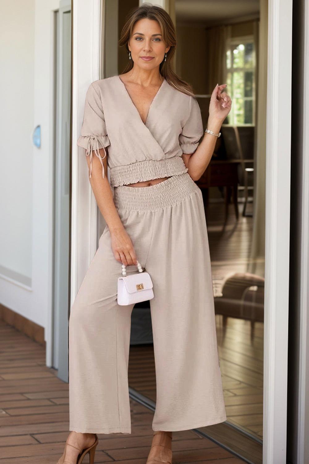 Surplice Short Sleeve Top and Pants Set - Clothes For Her Online Store