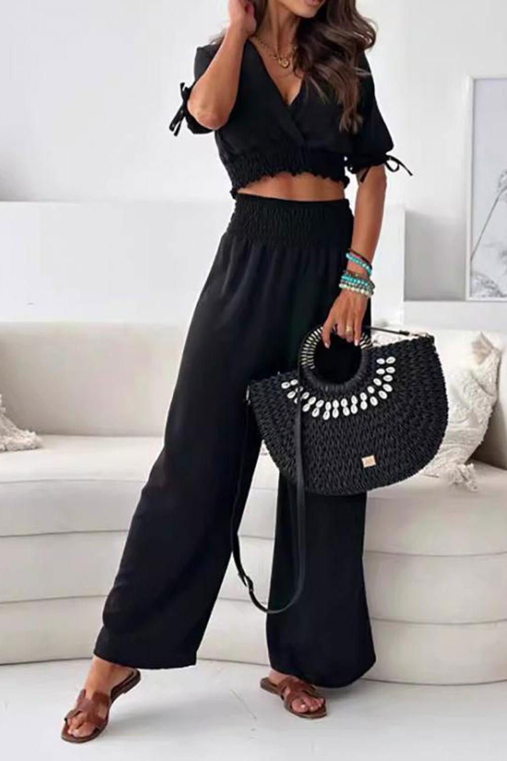 Surplice Short Sleeve Top and Pants Set - Clothes For Her Online Store