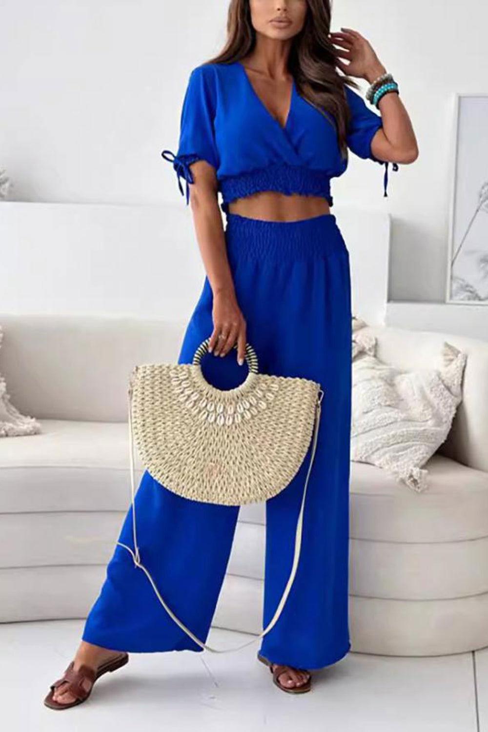 Surplice Short Sleeve Top and Pants Set - Clothes For Her Online Store
