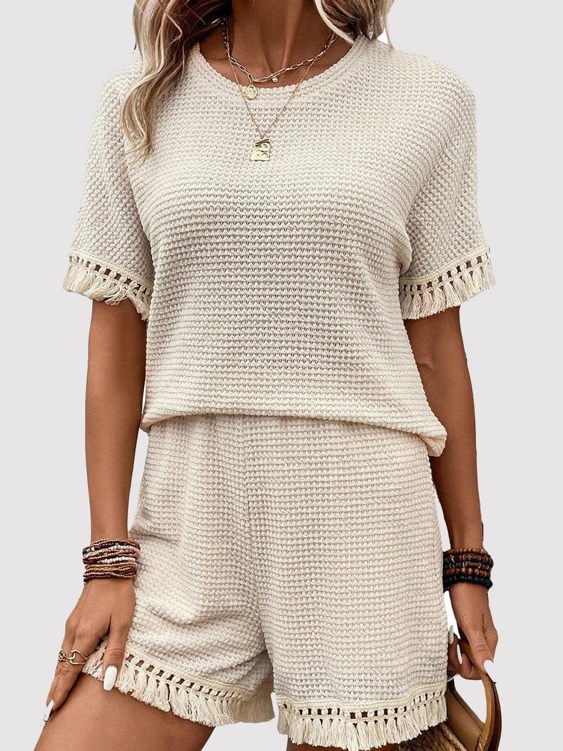Tassel Round Neck Top and Shorts Set - Clothes For Her Online Store