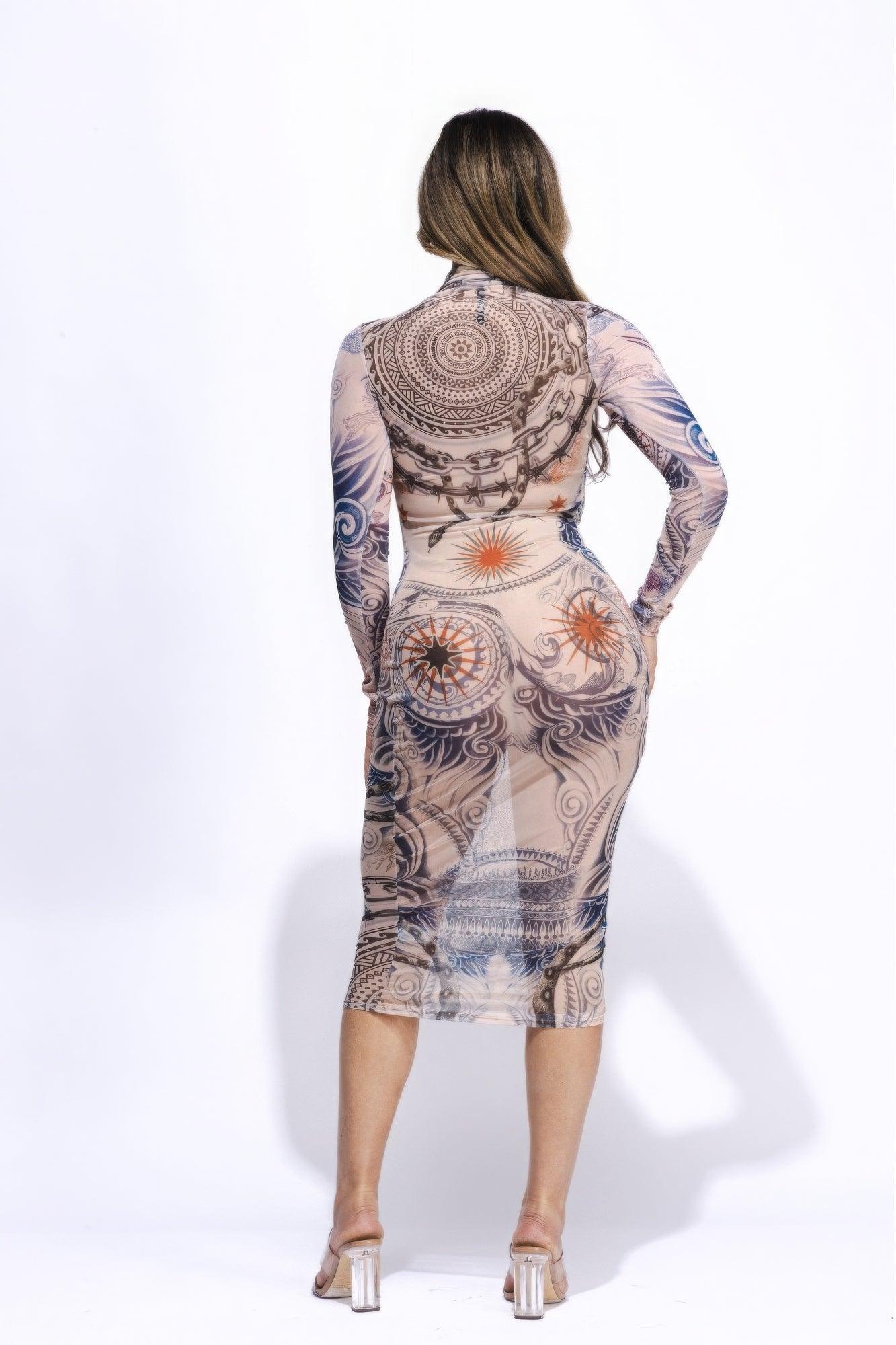 Tattoo Body Print Mesh Midi Dress - Clothes For Her Online Store