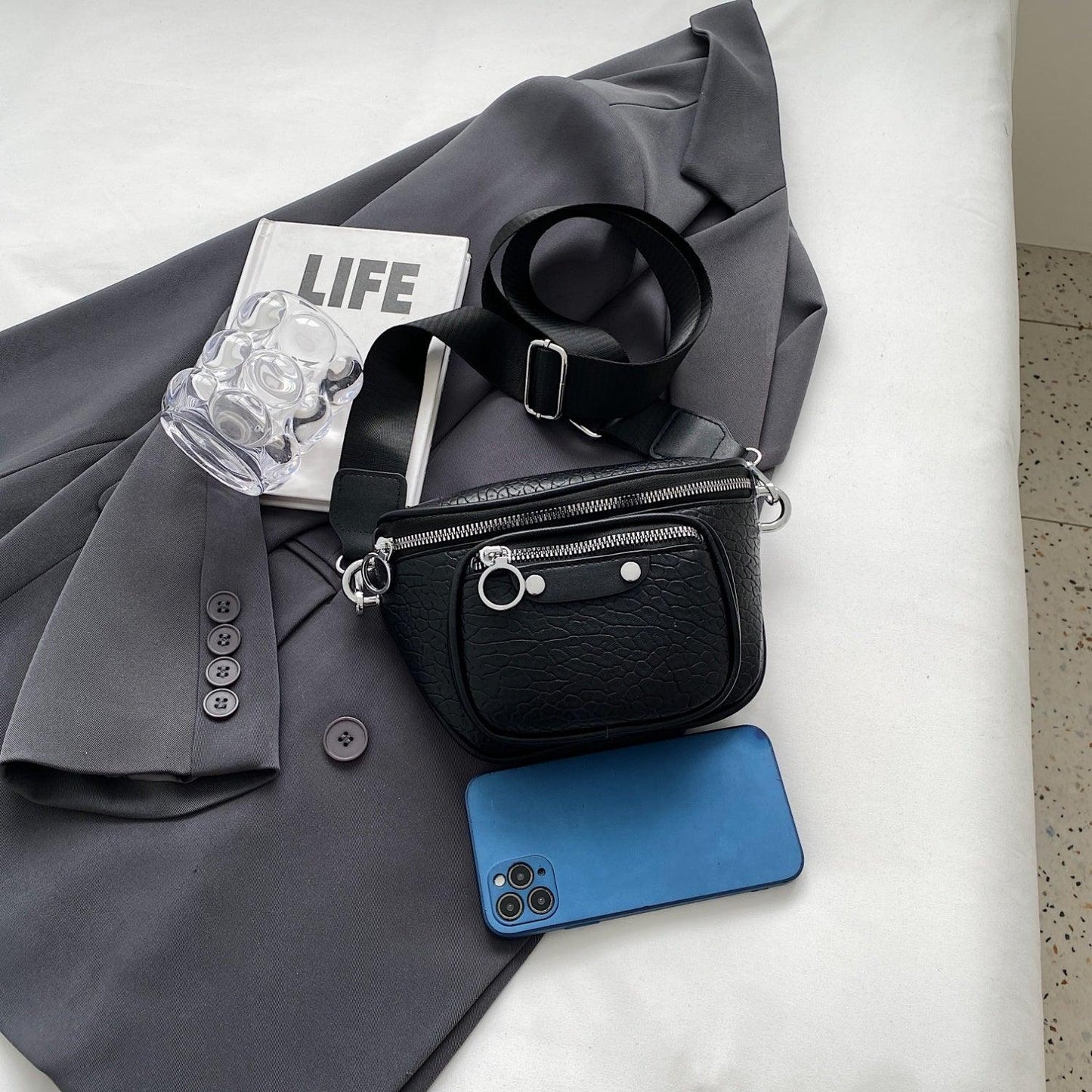Texture PU Leather Crossbody Bag - Clothes For Her Online Store