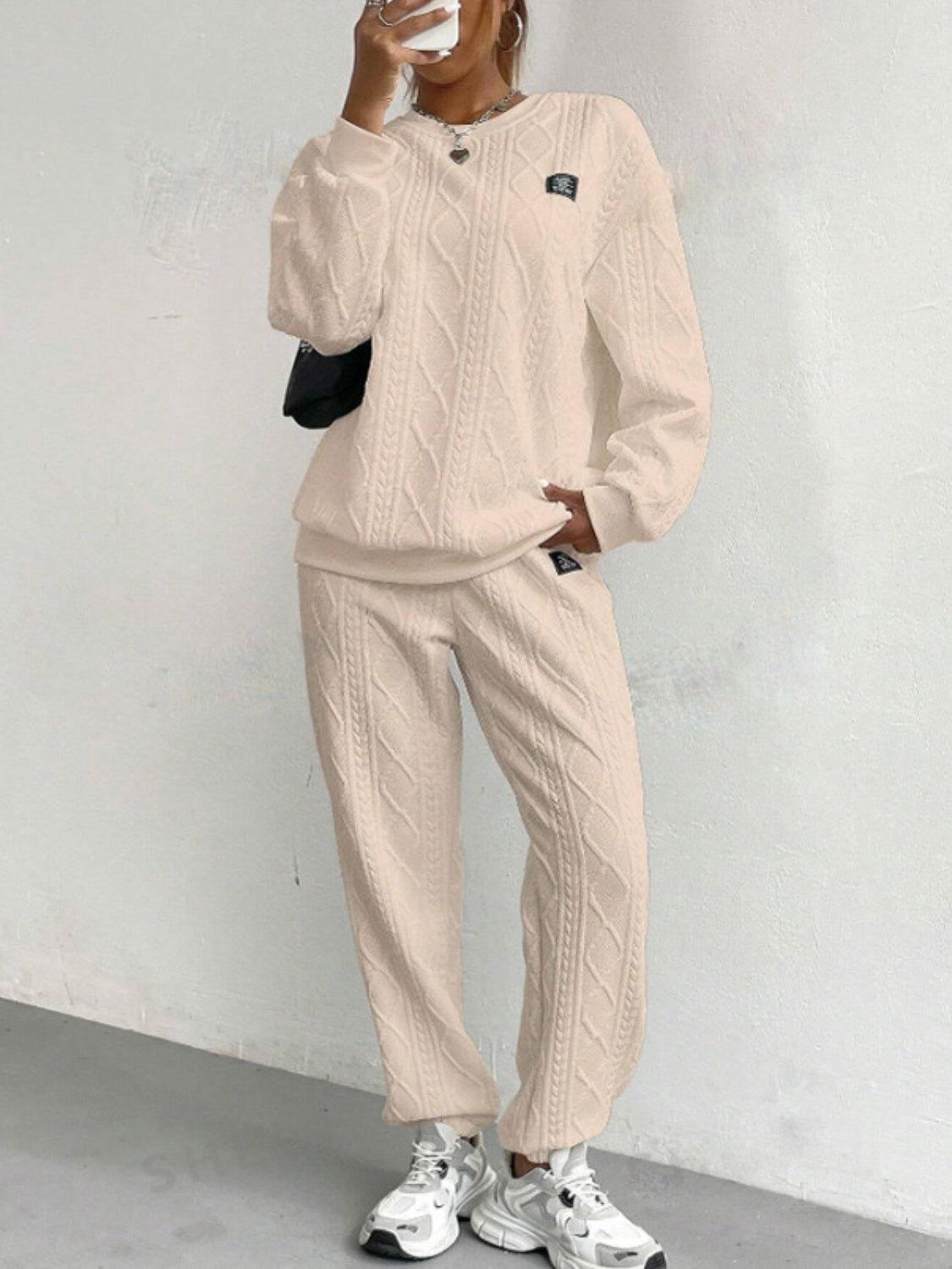 Texture Round Neck Long Sleeve Top and Pants Set - Clothes For Her Online Store