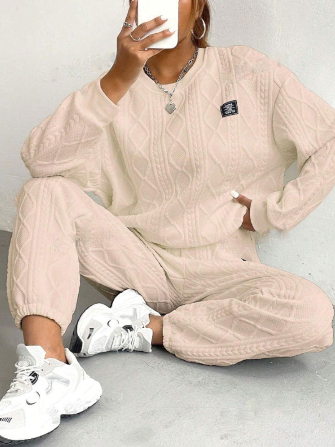 Texture Round Neck Long Sleeve Top and Pants Set - Clothes For Her Online Store