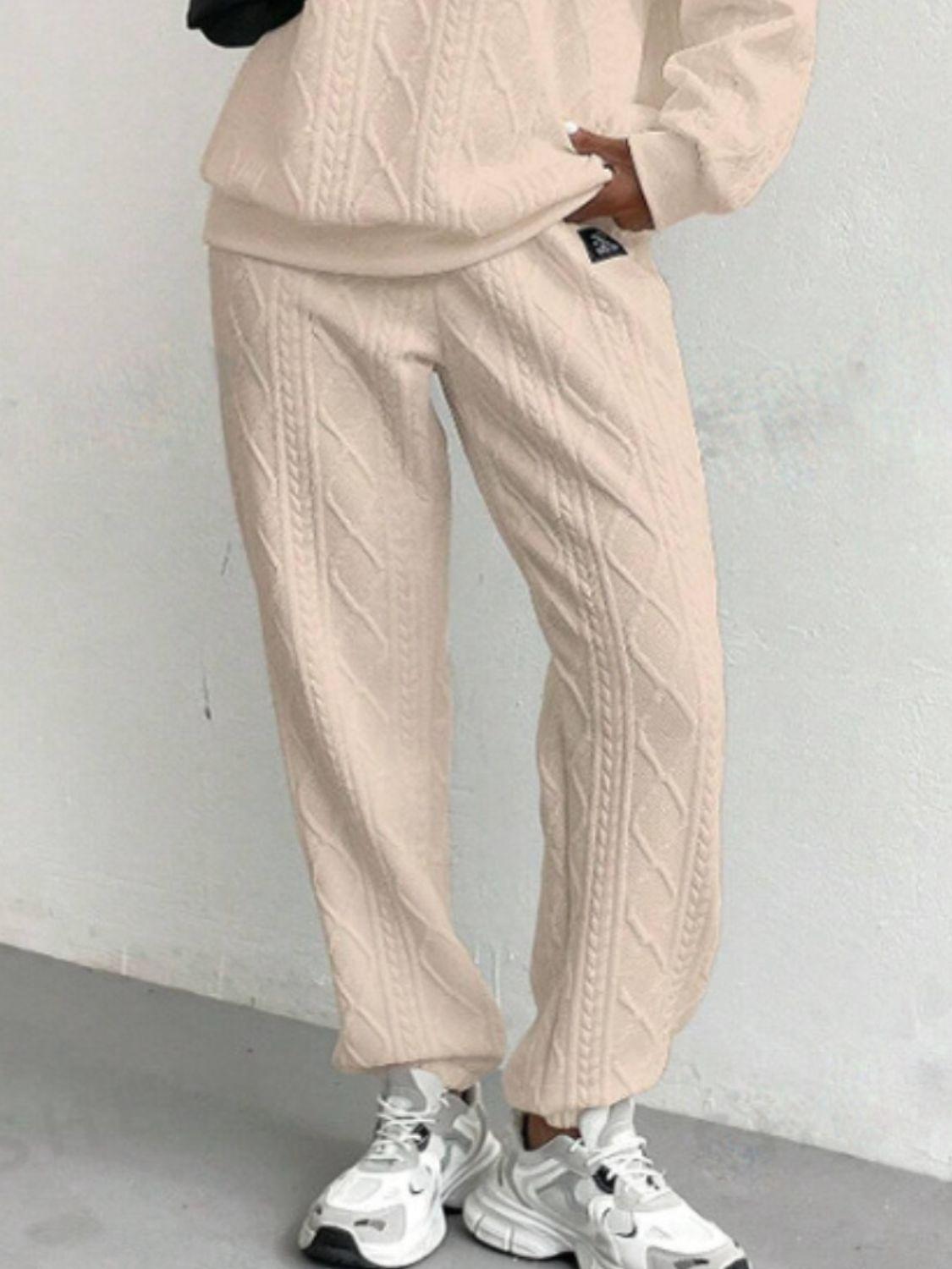 Texture Round Neck Long Sleeve Top and Pants Set - Clothes For Her Online Store