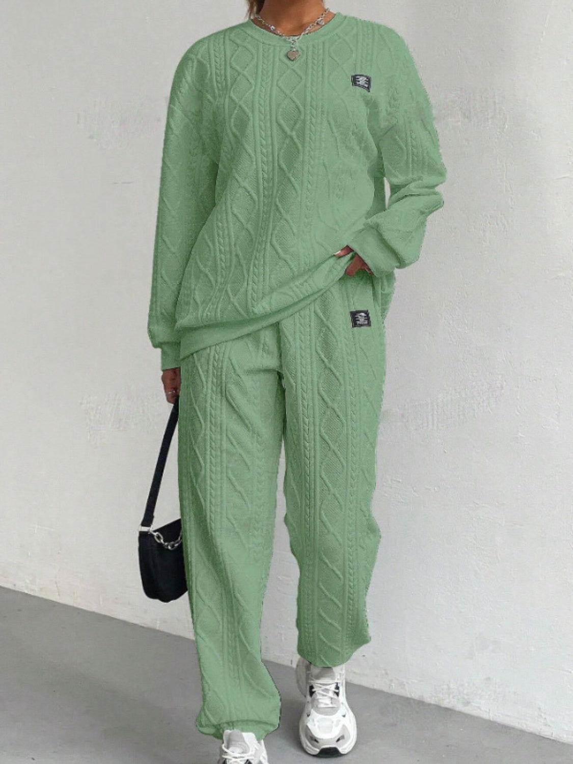 Texture Round Neck Long Sleeve Top and Pants Set - Clothes For Her Online Store