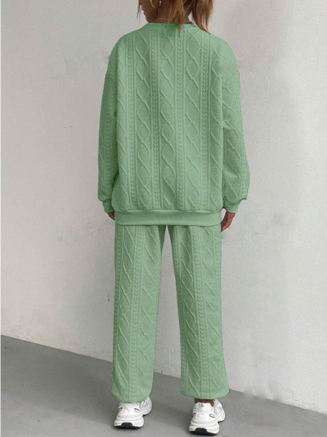 Texture Round Neck Long Sleeve Top and Pants Set - Clothes For Her Online Store
