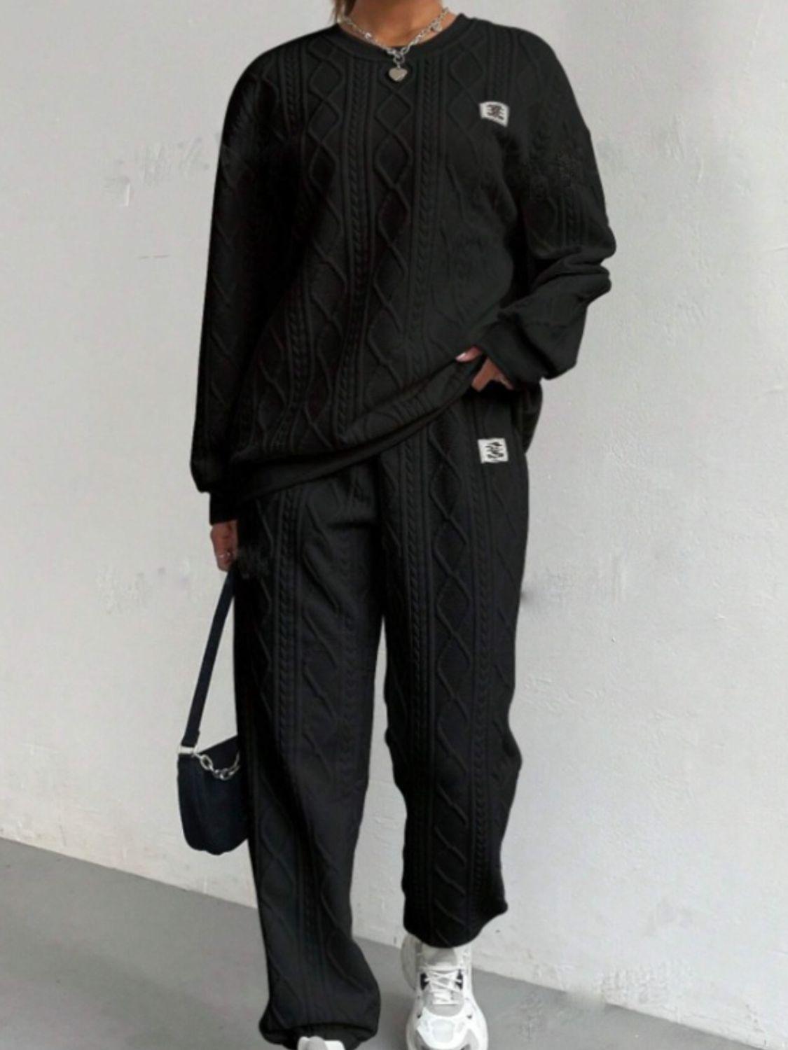 Texture Round Neck Long Sleeve Top and Pants Set - Clothes For Her Online Store