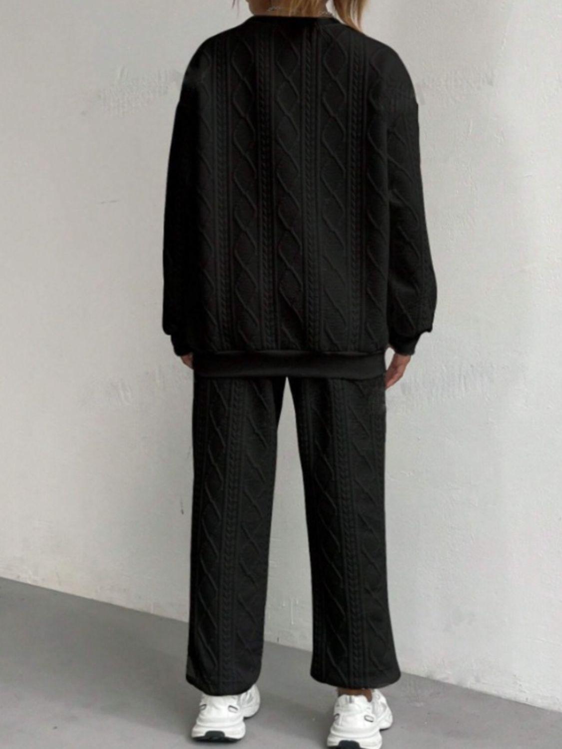 Texture Round Neck Long Sleeve Top and Pants Set - Clothes For Her Online Store