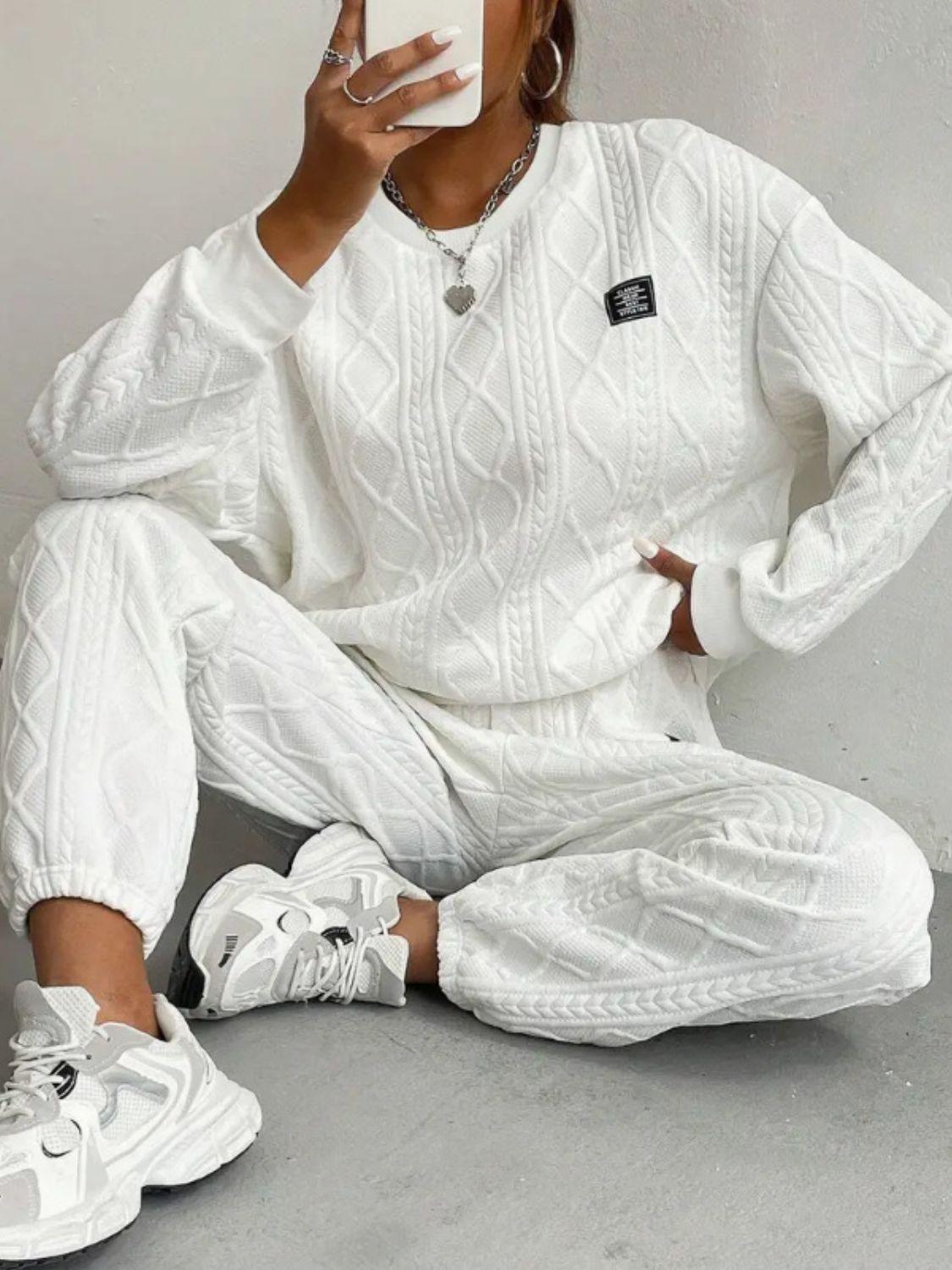 Texture Round Neck Long Sleeve Top and Pants Set - Clothes For Her Online Store