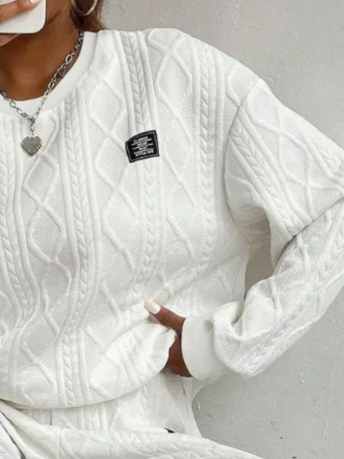 Texture Round Neck Long Sleeve Top and Pants Set - Clothes For Her Online Store
