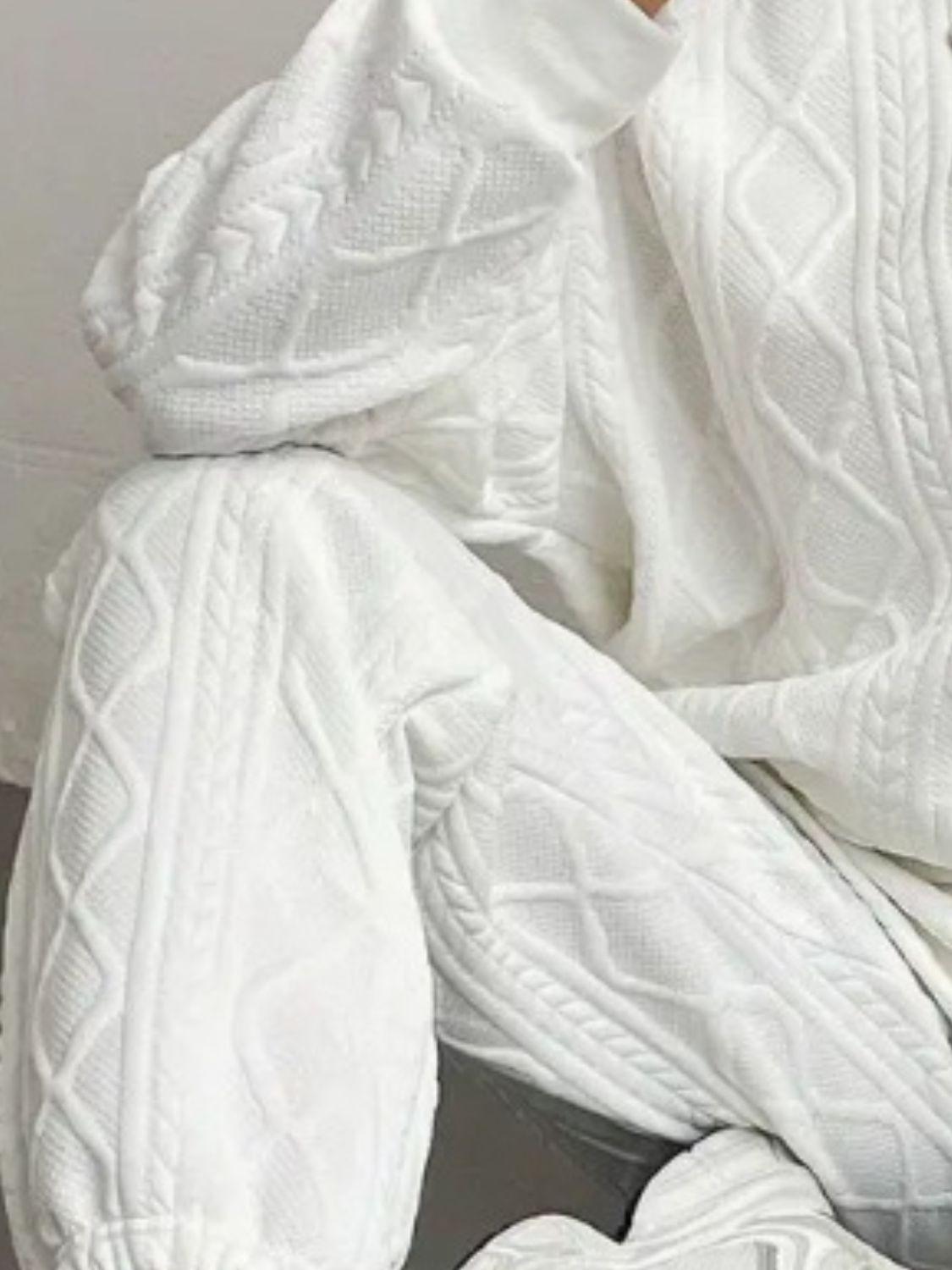 Texture Round Neck Long Sleeve Top and Pants Set - Clothes For Her Online Store