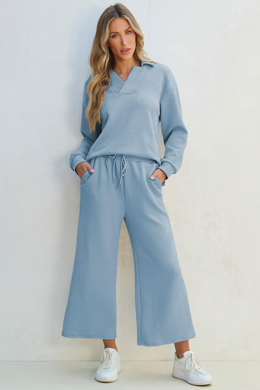 Textured Collared Neck Top and Wide Leg Pants Set - Clothes For Her Online Store