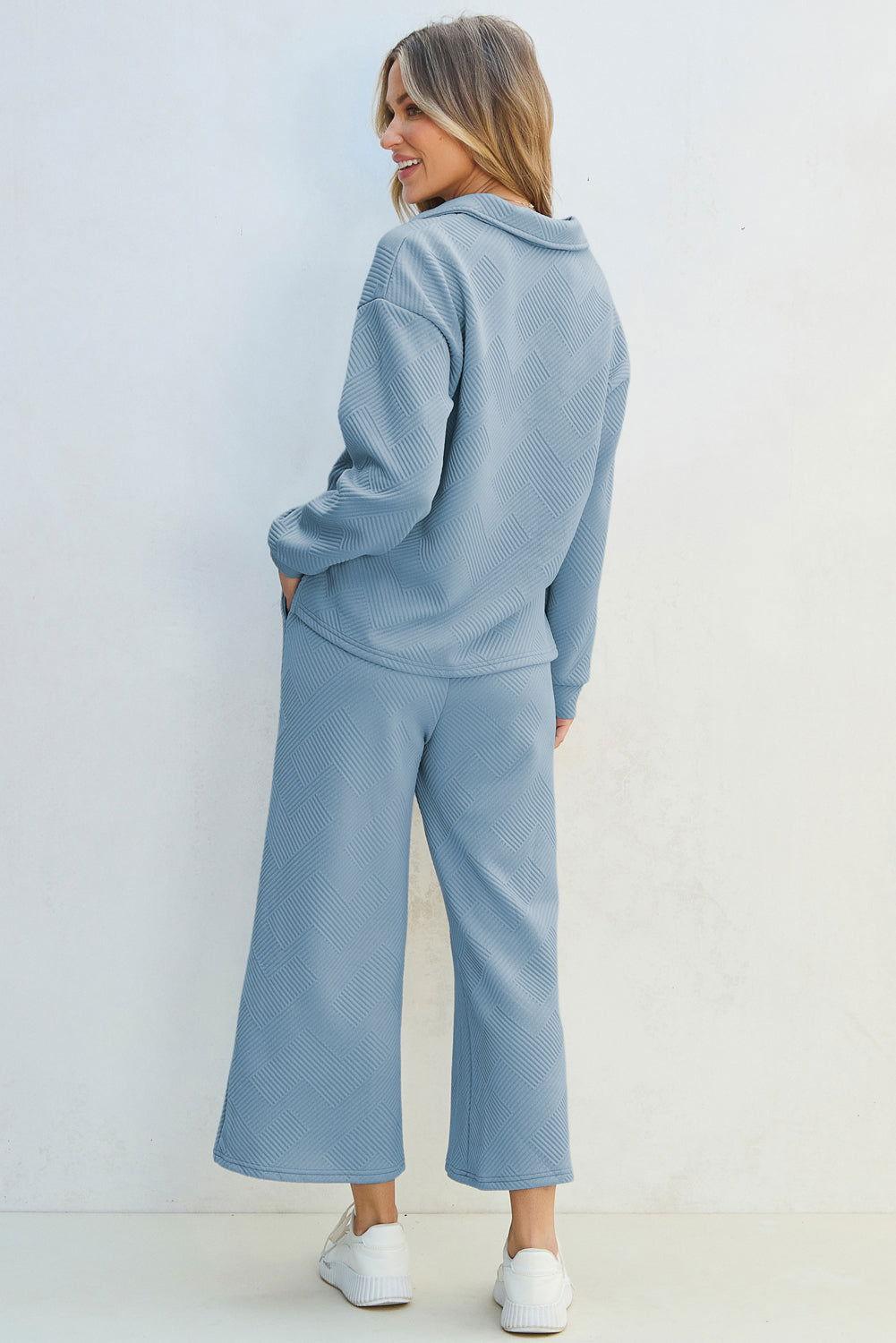 Textured Collared Neck Top and Wide Leg Pants Set - Clothes For Her Online Store