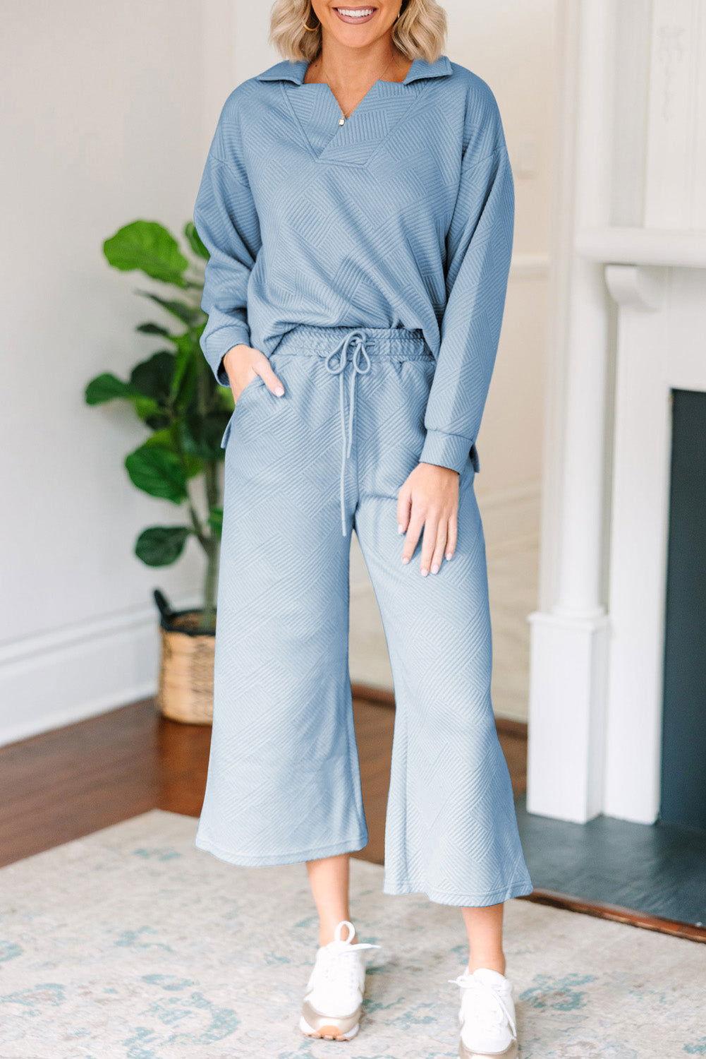 Textured Collared Neck Top and Wide Leg Pants Set - Clothes For Her Online Store