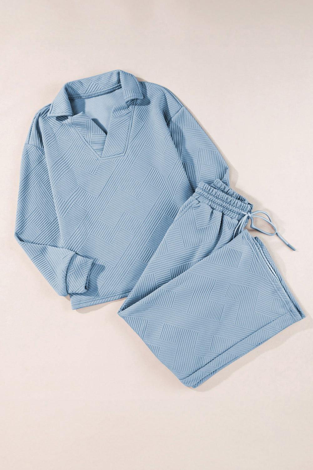 Textured Collared Neck Top and Wide Leg Pants Set - Clothes For Her Online Store