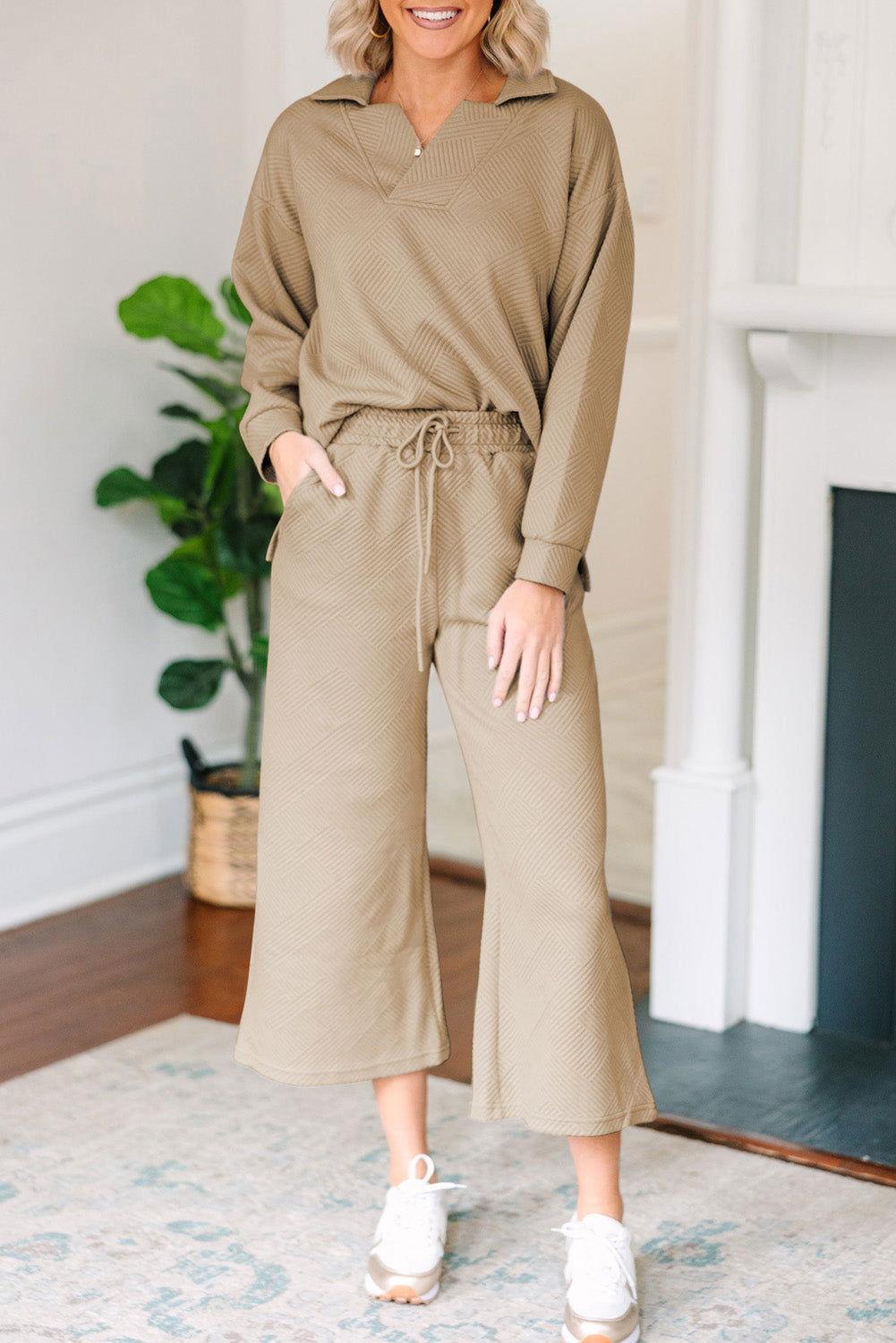 Textured Collared Neck Top and Wide Leg Pants Set - Clothes For Her Online Store