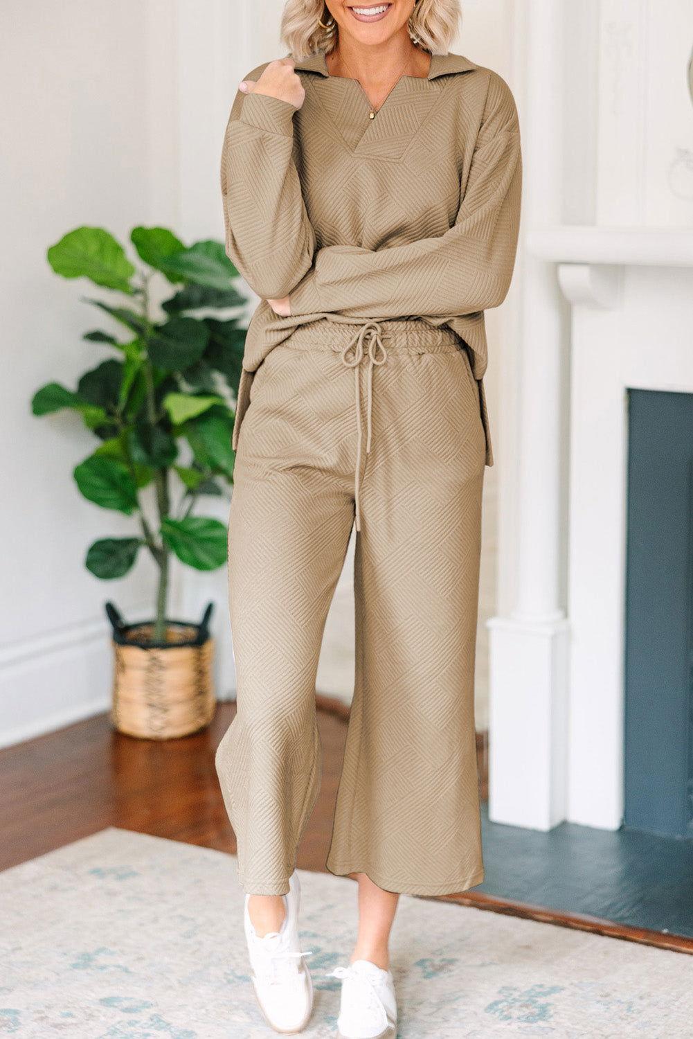 Textured Collared Neck Top and Wide Leg Pants Set - Clothes For Her Online Store