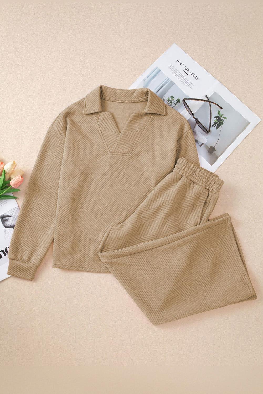 Textured Collared Neck Top and Wide Leg Pants Set - Clothes For Her Online Store