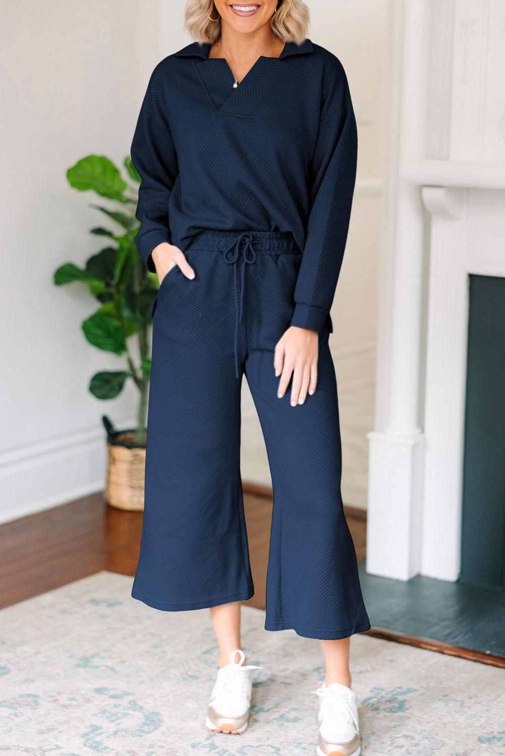 Textured Collared Neck Top and Wide Leg Pants Set - Clothes For Her Online Store