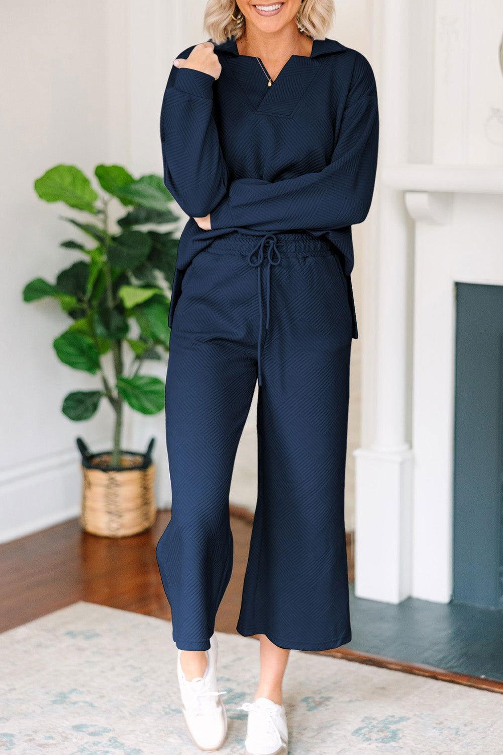 Textured Collared Neck Top and Wide Leg Pants Set - Clothes For Her Online Store