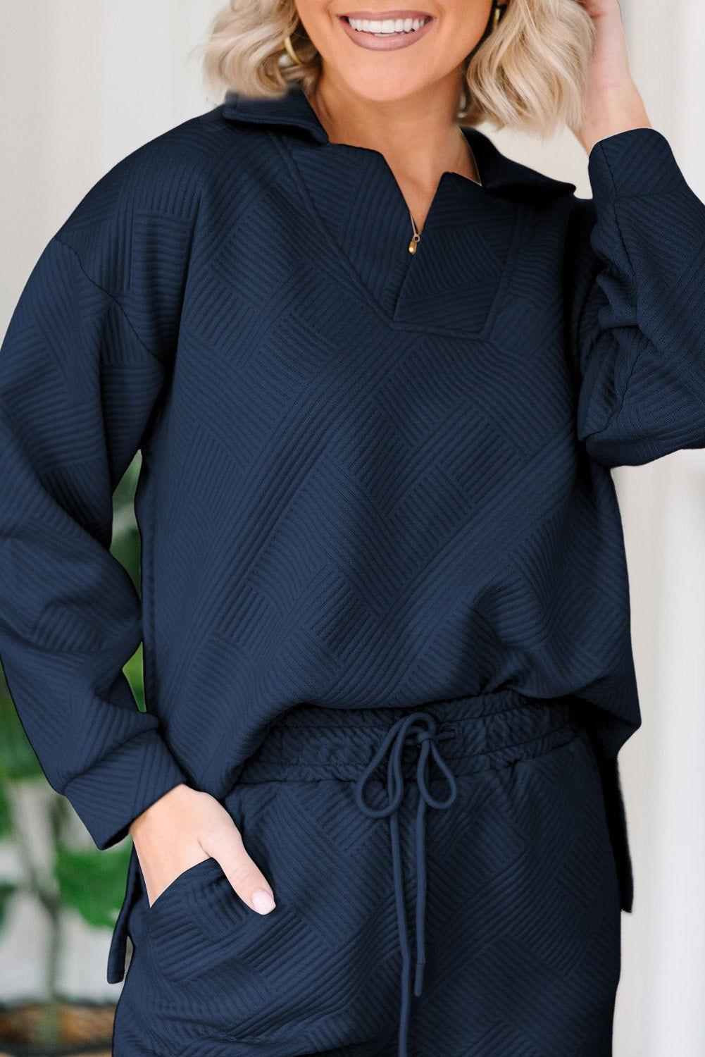 Textured Collared Neck Top and Wide Leg Pants Set - Clothes For Her Online Store