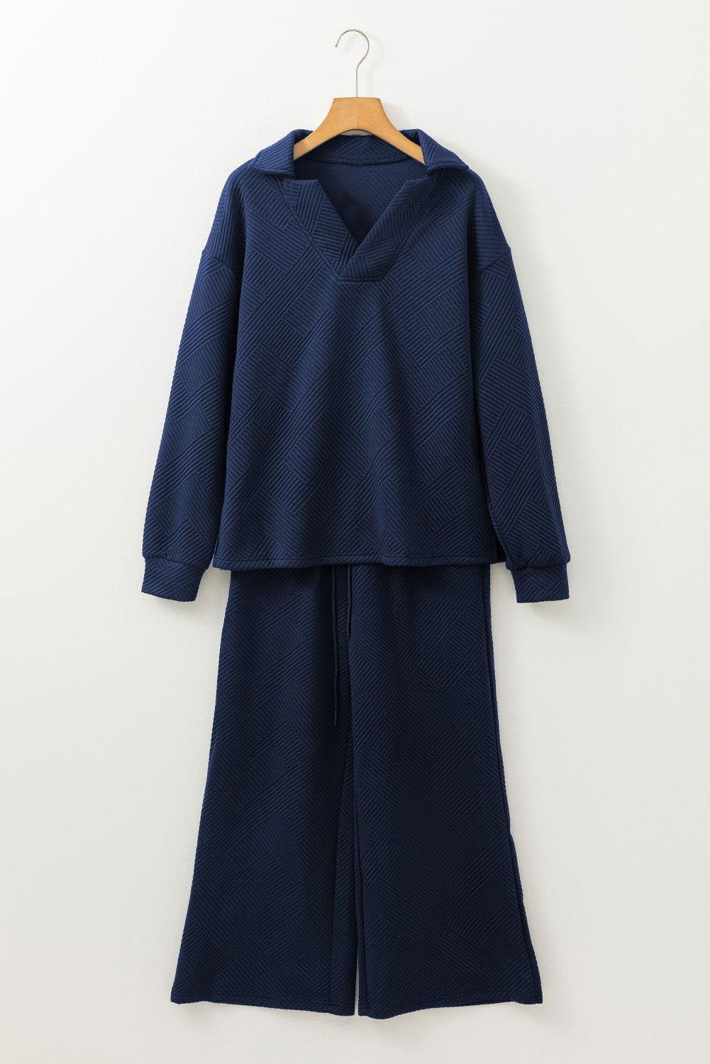 Textured Collared Neck Top and Wide Leg Pants Set - Clothes For Her Online Store