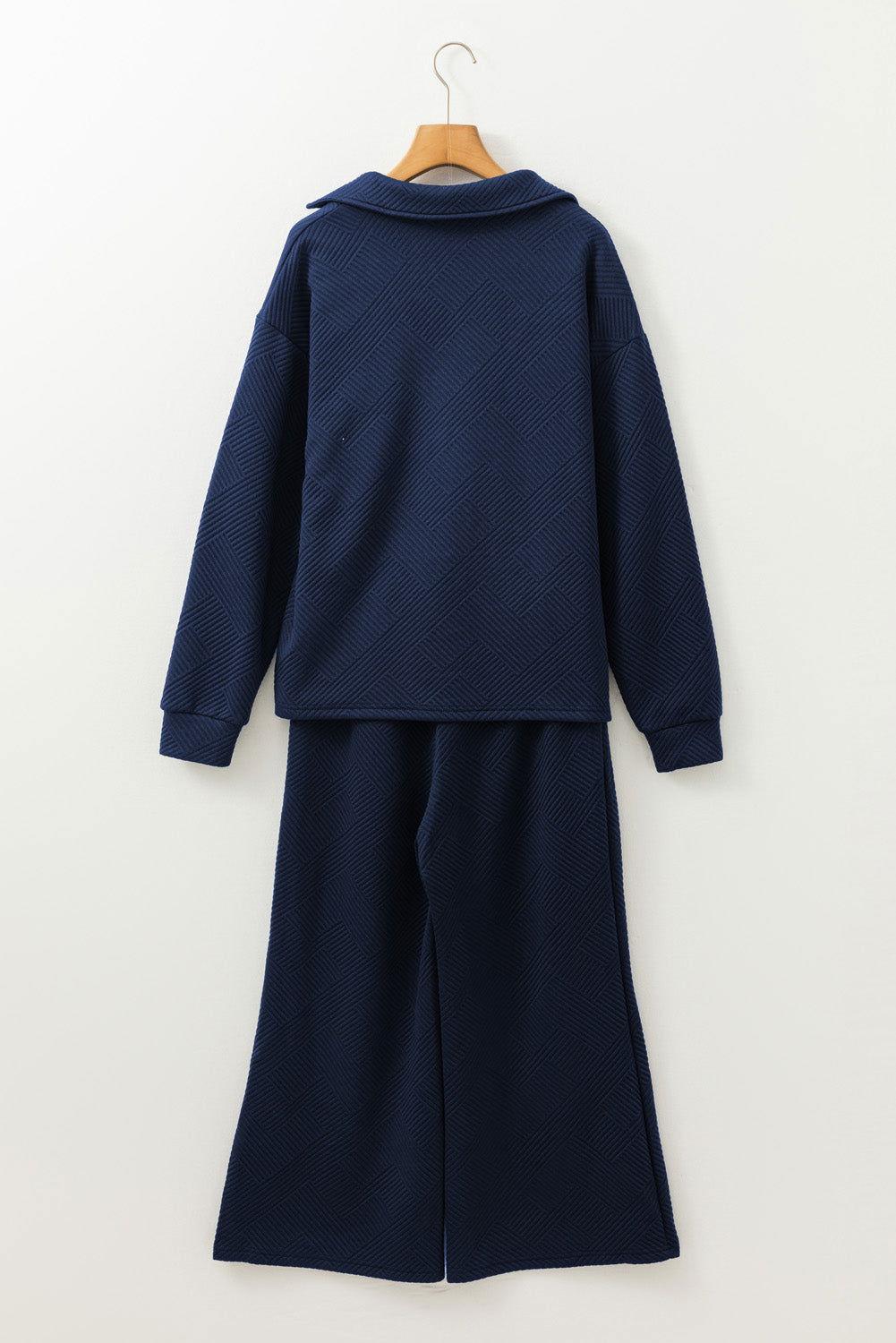 Textured Collared Neck Top and Wide Leg Pants Set - Clothes For Her Online Store