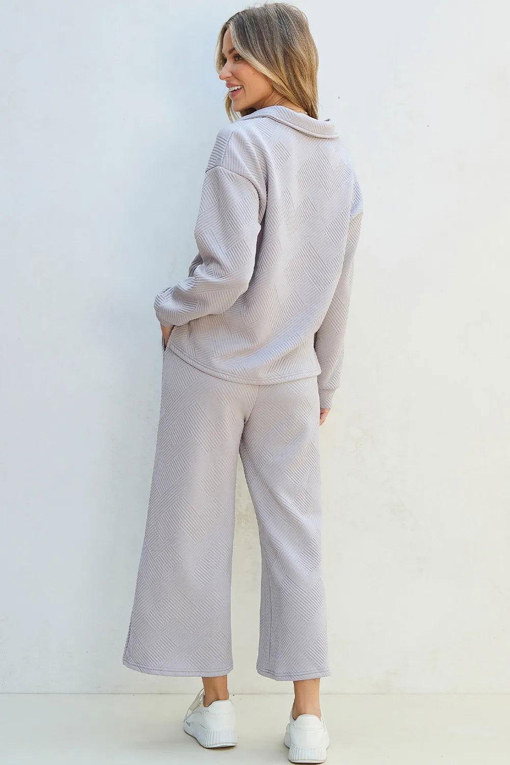 Textured Long Sleeve Top and Drawstring Pants Set - Clothes For Her Online Store