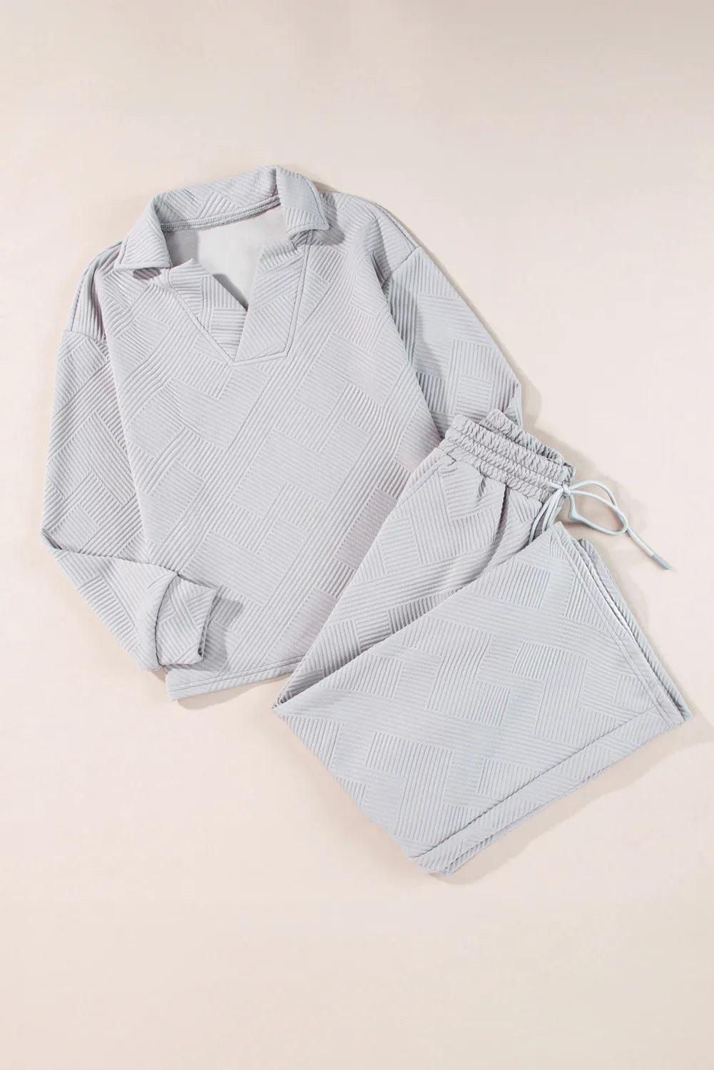 Textured Long Sleeve Top and Drawstring Pants Set - Clothes For Her Online Store
