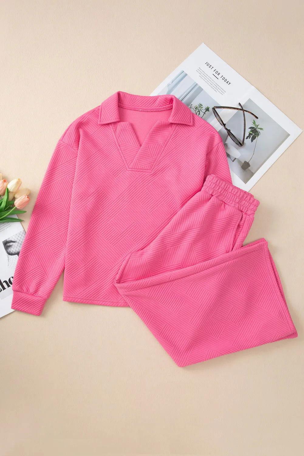 Textured Long Sleeve Top and Drawstring Pants Set - Clothes For Her Online Store