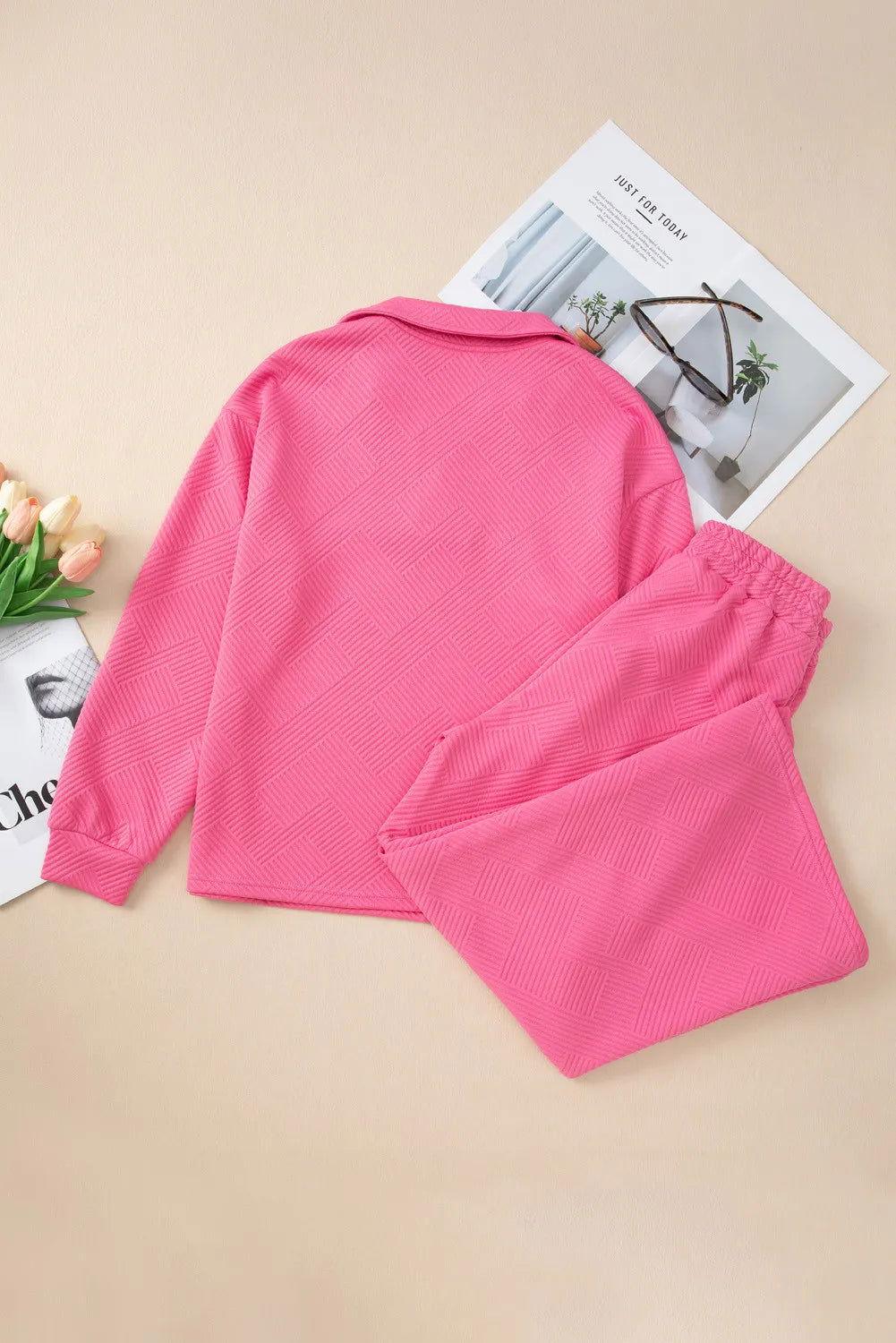 Textured Long Sleeve Top and Drawstring Pants Set - Clothes For Her Online Store