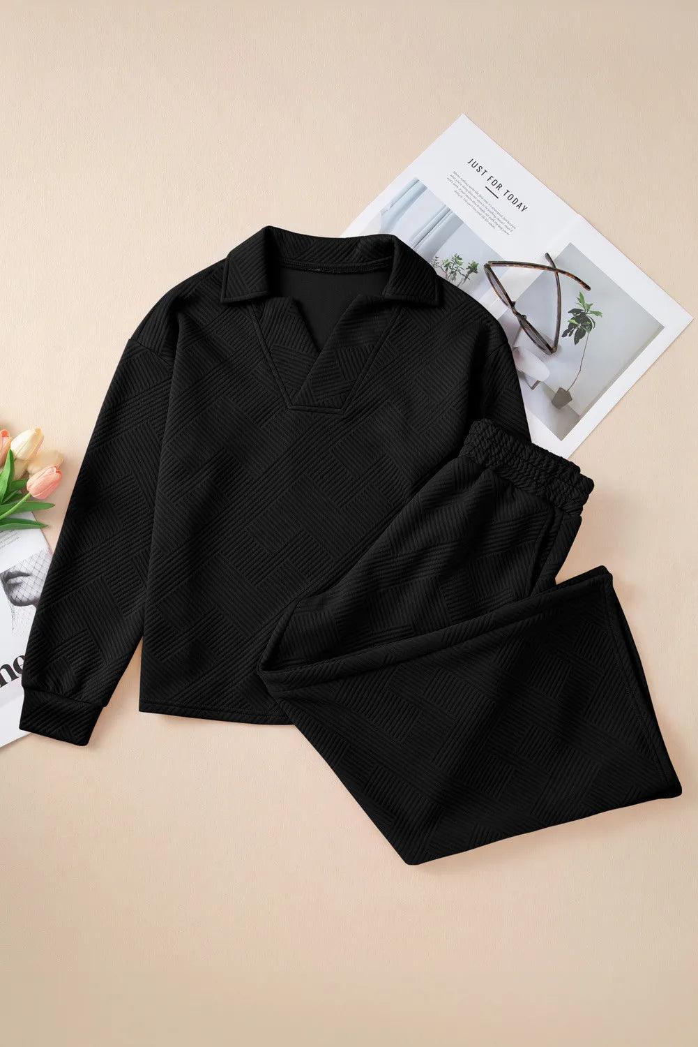 Textured Long Sleeve Top and Drawstring Pants Set - Clothes For Her Online Store