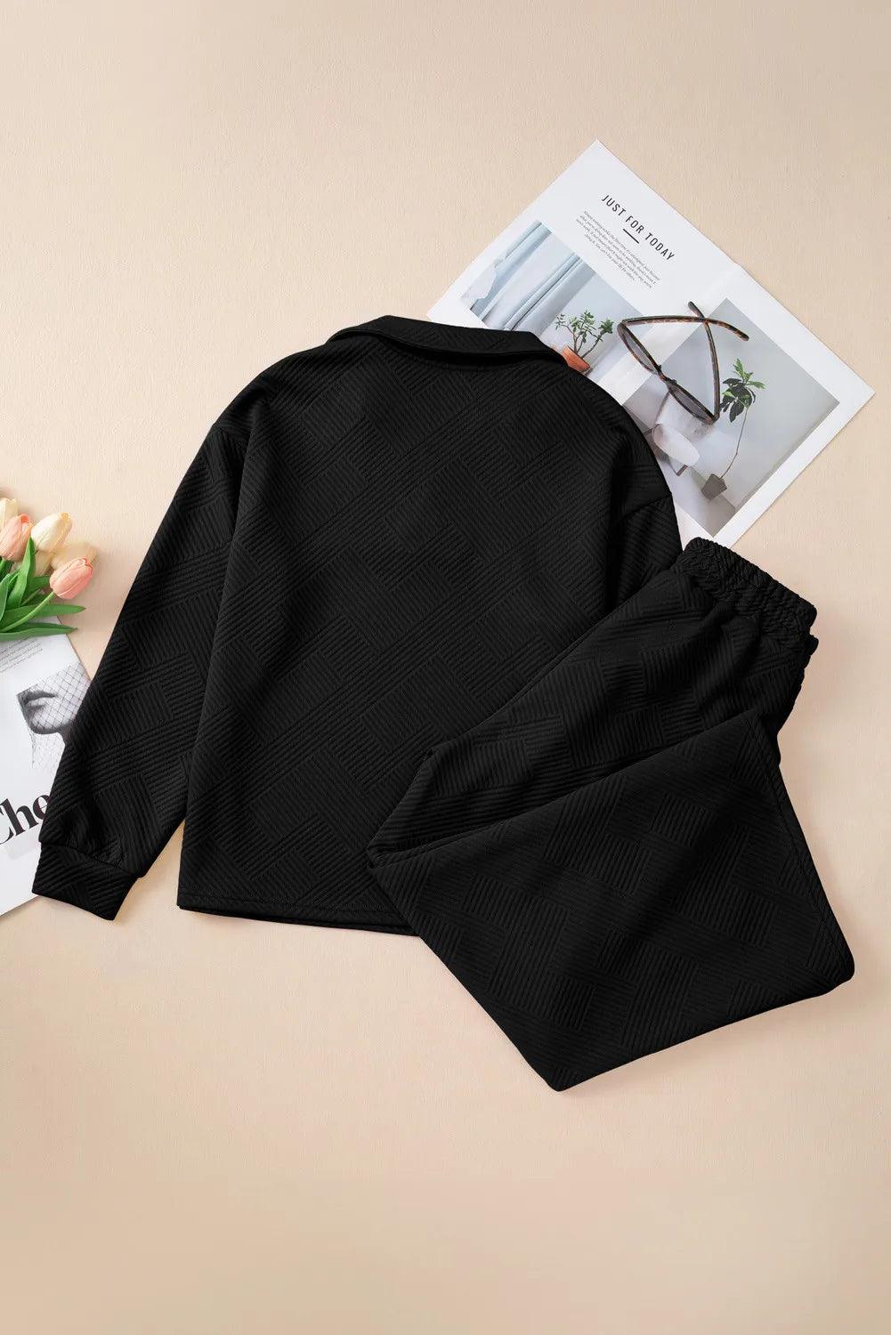 Textured Long Sleeve Top and Drawstring Pants Set - Clothes For Her Online Store