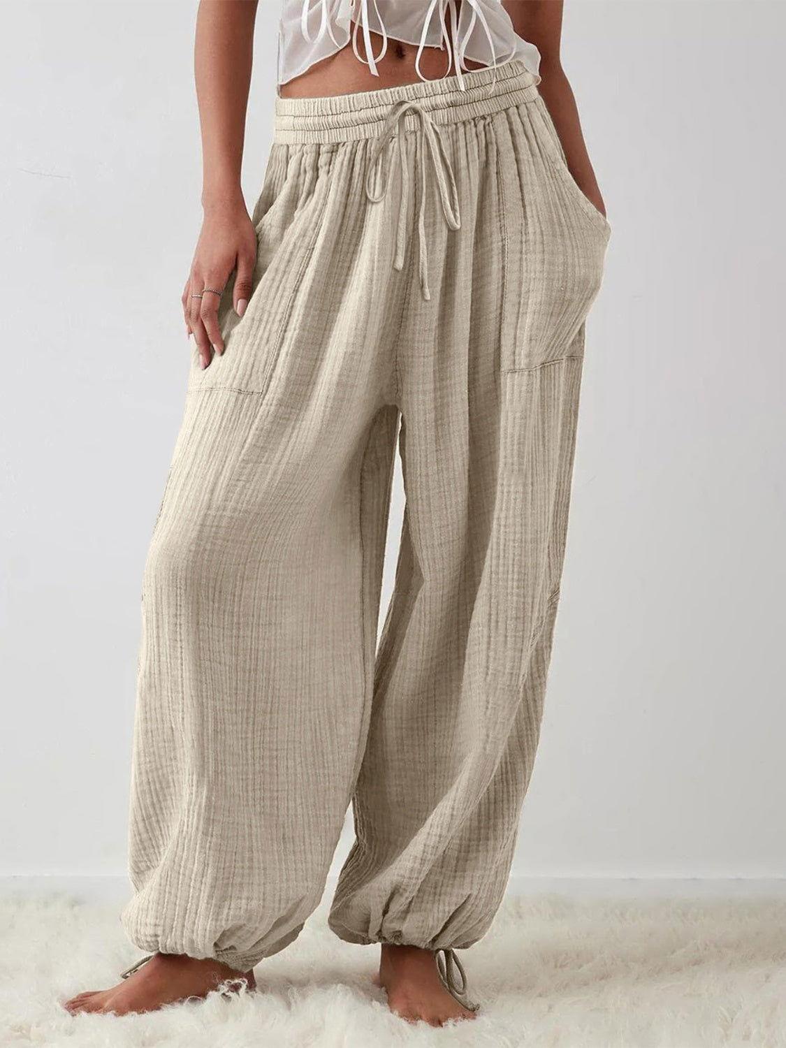 Textured Tied Pants with Pockets - Clothes For Her Online Store