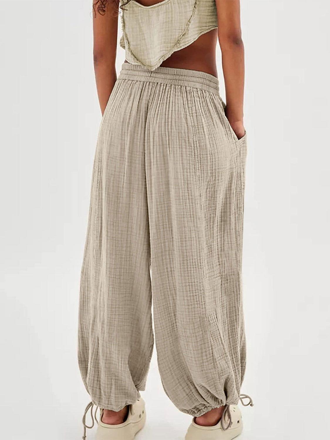 Textured Tied Pants with Pockets - Clothes For Her Online Store