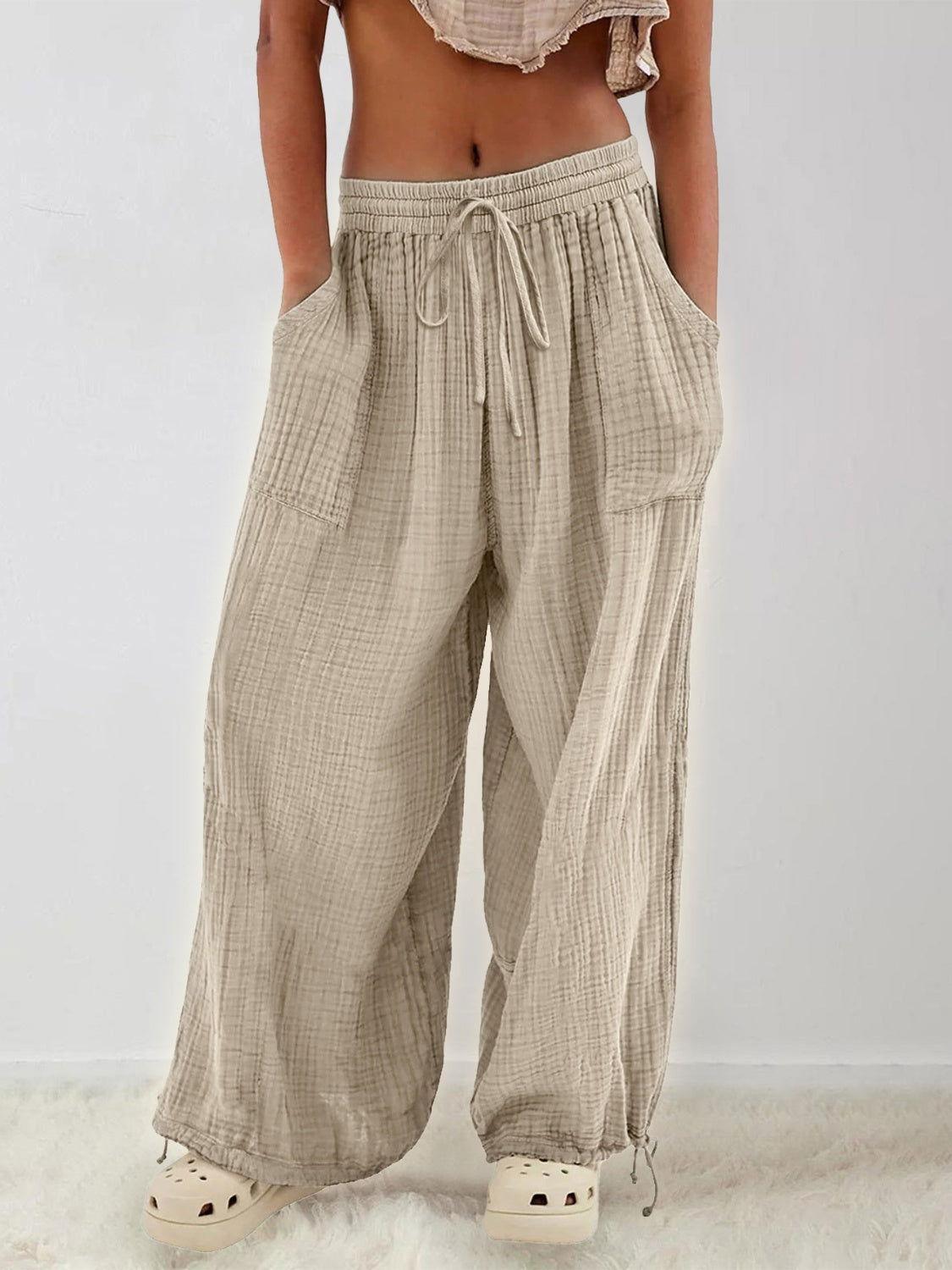 Textured Tied Pants with Pockets - Clothes For Her Online Store