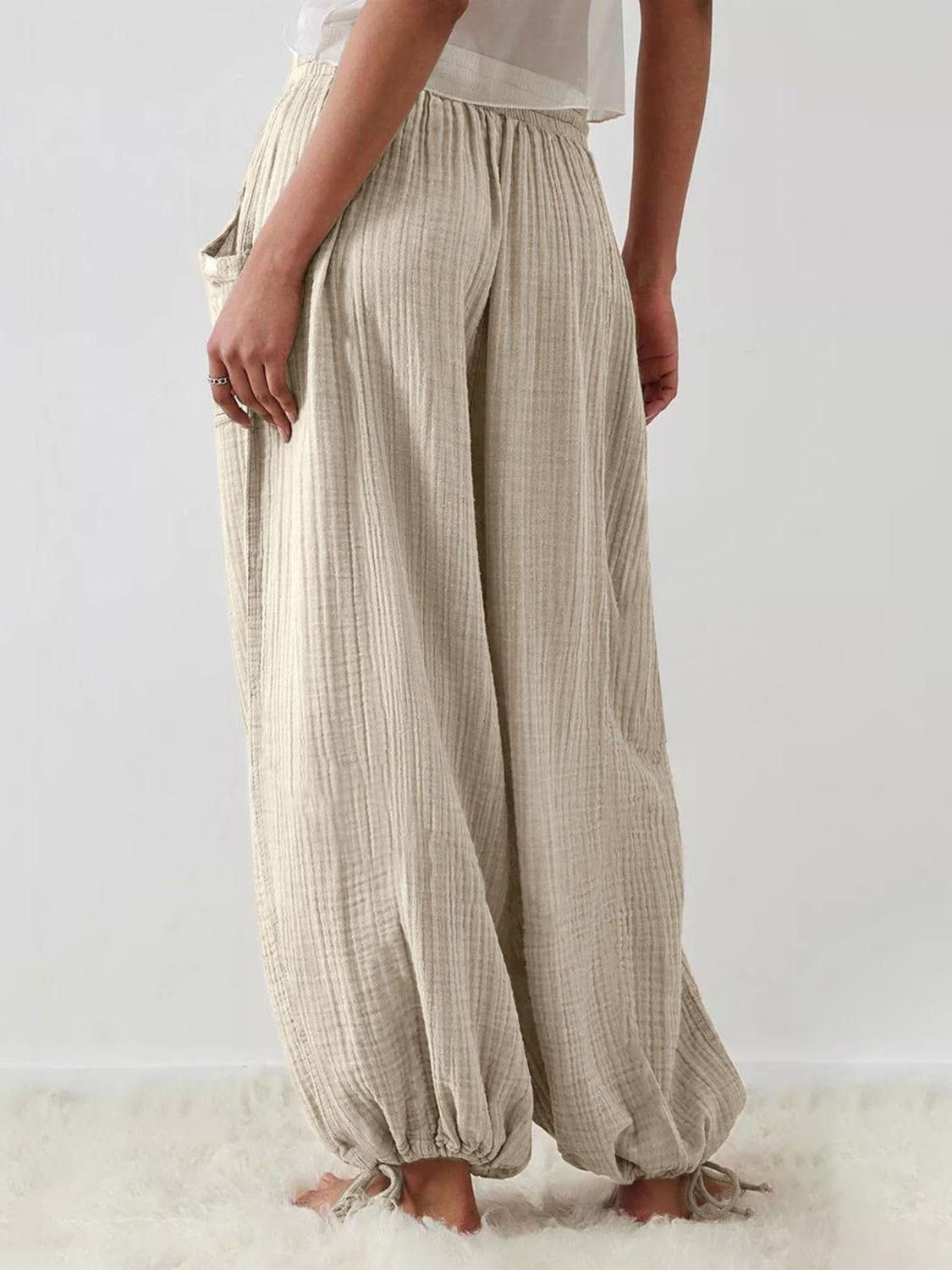 Textured Tied Pants with Pockets - Clothes For Her Online Store